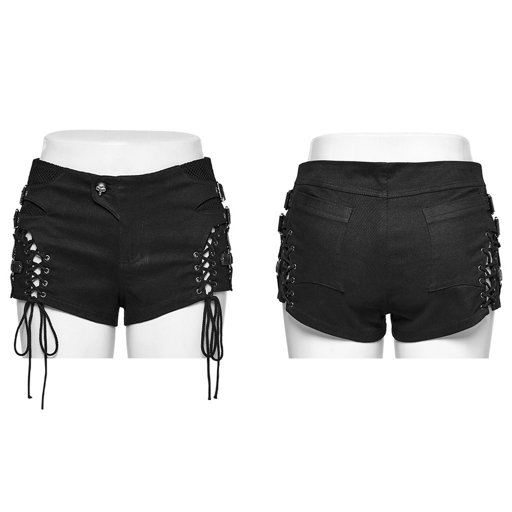 Edgy black gothic shorts with low waist and side laces, featuring crisscross detailing and eyelets.