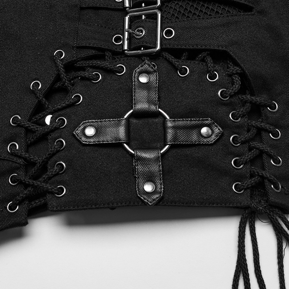 Close-up of Gothic women's shorts with black lace-up design and edgy detailings in micro stretch fabric.