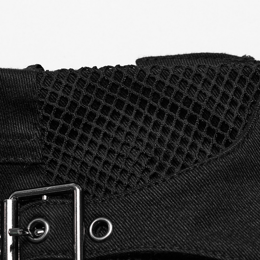 Close-up of Gothic women's shorts featuring black mesh fabric and buckle detail for an edgy look.