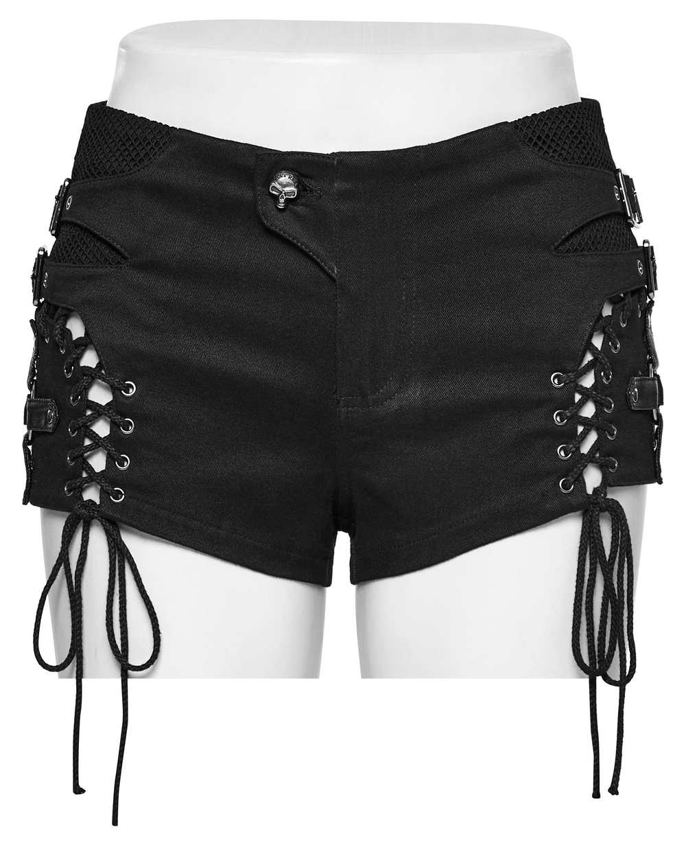 Gothic women's low waist black shorts with side laces and crisscross detailing for an edgy punk style.