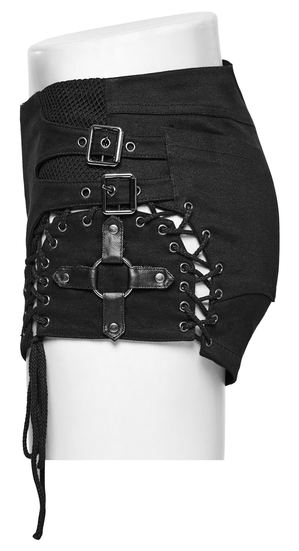 Gothic women's black shorts with side laces and buckle details for an edgy, low-waist look.
