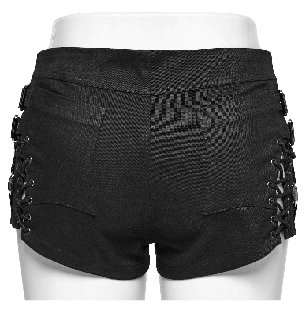 Back view of Gothic women's black low waist shorts with side laces, featuring edgy design and punk-inspired details.