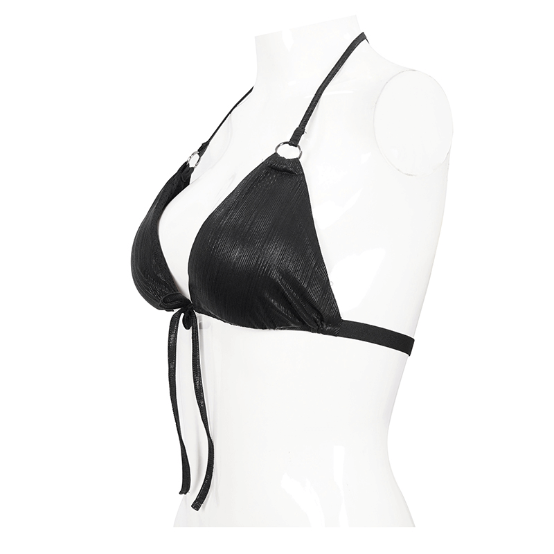 Gothic Women's V Neck Tie Rope Black Bikini Top / Sexy Swimsuit Top with Stretch Tape & Straps - HARD'N'HEAVY