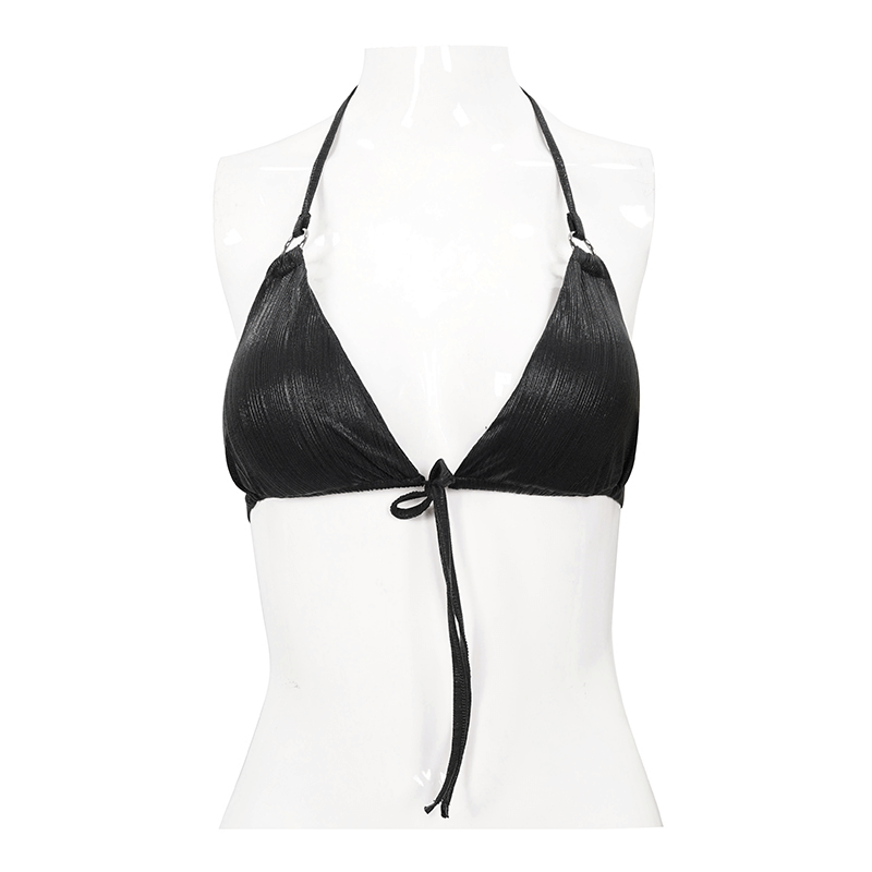 Gothic black bikini top with V neck and tie rope, stylish and sexy swimsuit for women, modern cut to highlight your figure.