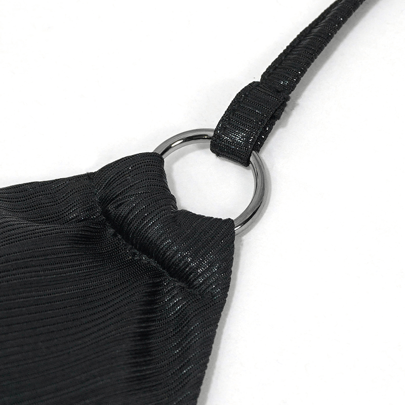 Close-up of the black bikini top's tie rope and stylish metal ring detail for a gothic swimwear look.