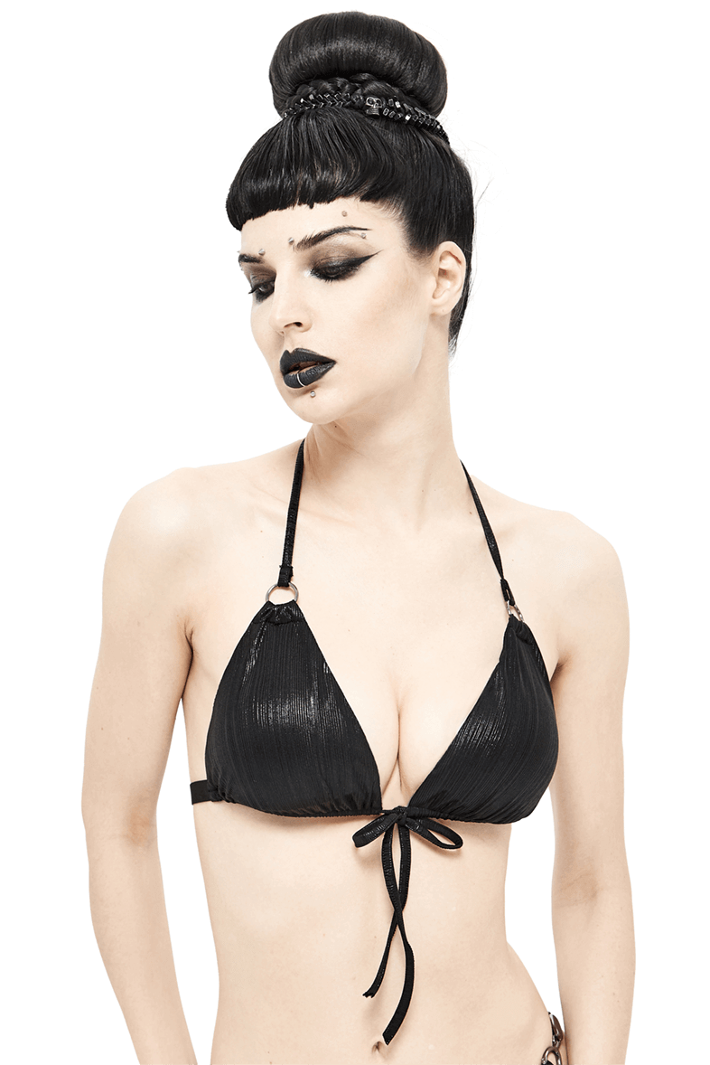 Gothic Women's V Neck Tie Rope Black Bikini Top / Sexy Swimsuit Top with Stretch Tape & Straps - HARD'N'HEAVY