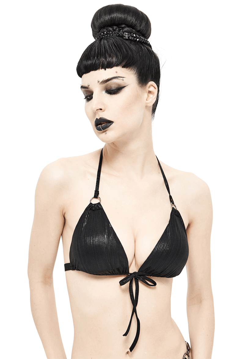Gothic women's black bikini top with v neck, stylish tie rope design, perfect for a sexy beach look.