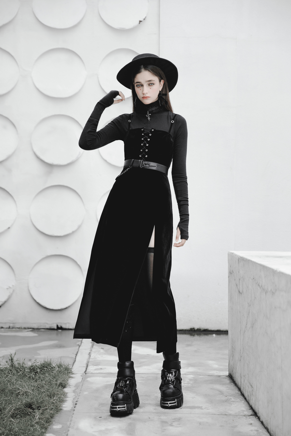 Gothic women's velvet long dress with suspenders, deep V-neckline, and trendy punk style.