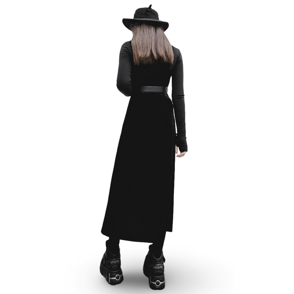 Gothic women's velvet long dress with suspenders, showcasing a sleek back view, perfect for punk-inspired fashion.
