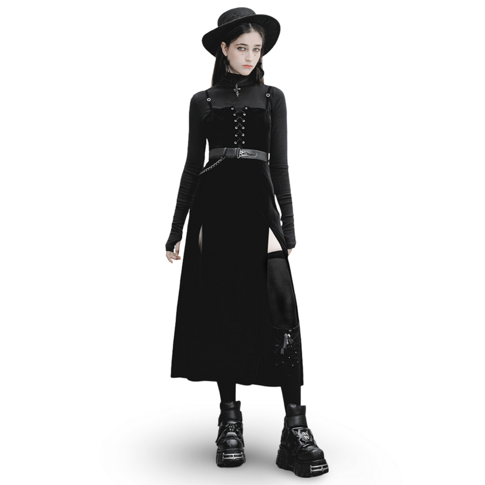 Gothic women's velvet long dress with suspenders, a deep V-neckline, and stylish black combat boots.