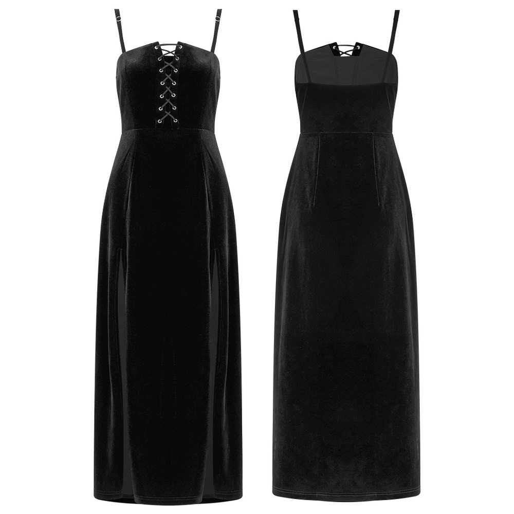 Gothic women's black velvet long dress with suspenders and lace-up front detailing.
