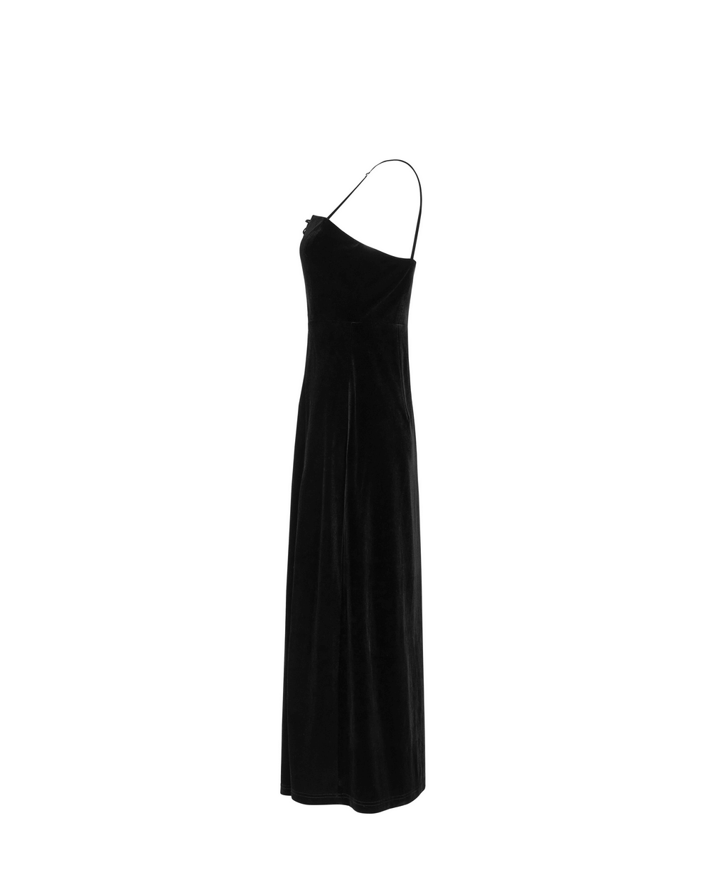 Gothic women's black velvet long dress with suspenders and deep V-neckline, featuring a chic silhouette.