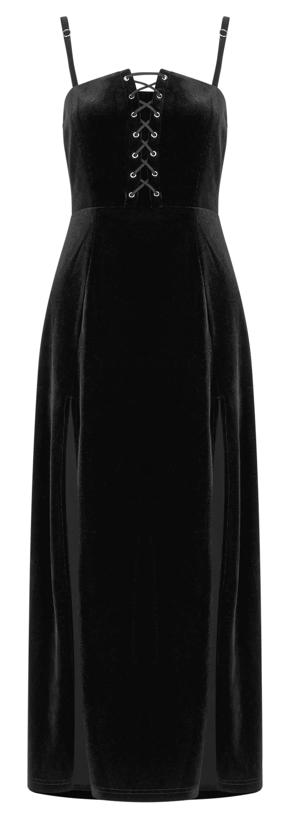 Gothic women's black velvet long suspenser dress with lace-up front and side slits.