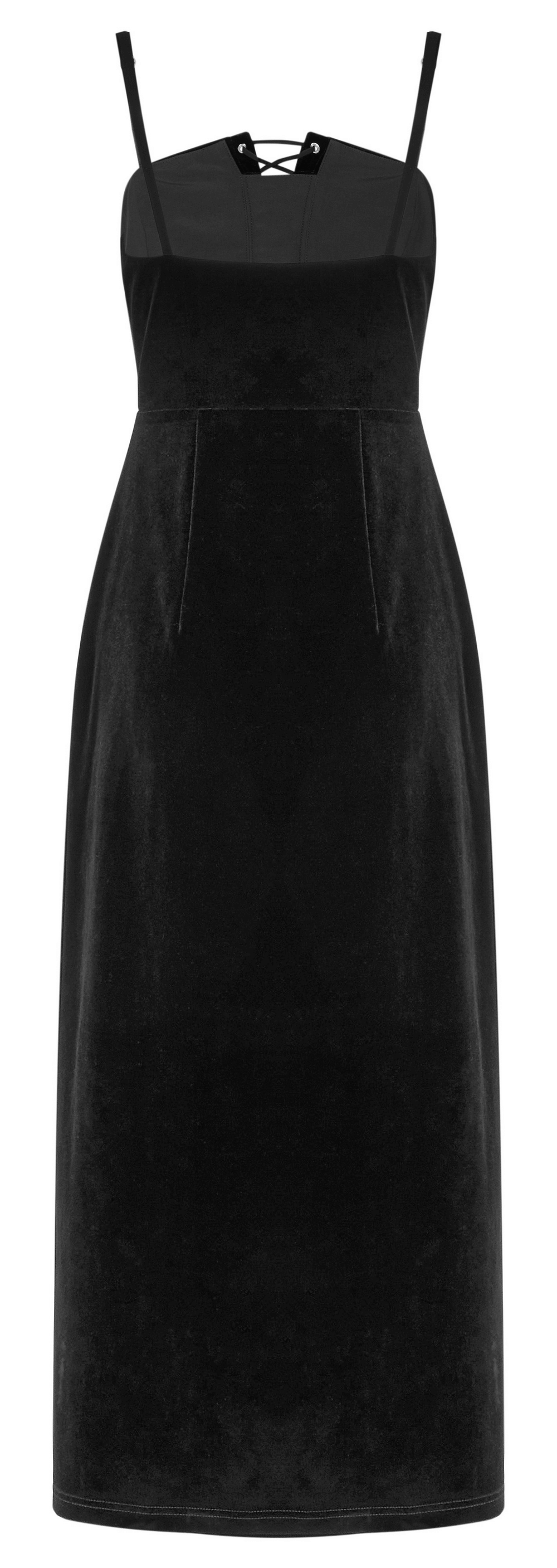 Gothic women's long velvet dress with suspenders and a sleek black design. Perfect for punk princess vibes.