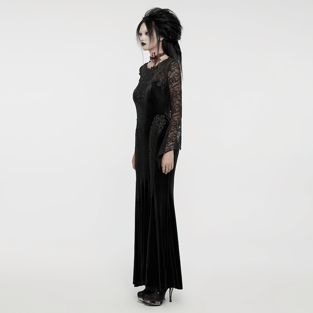 Gothic Women's Velvet Maxi Dress with Lace Detail