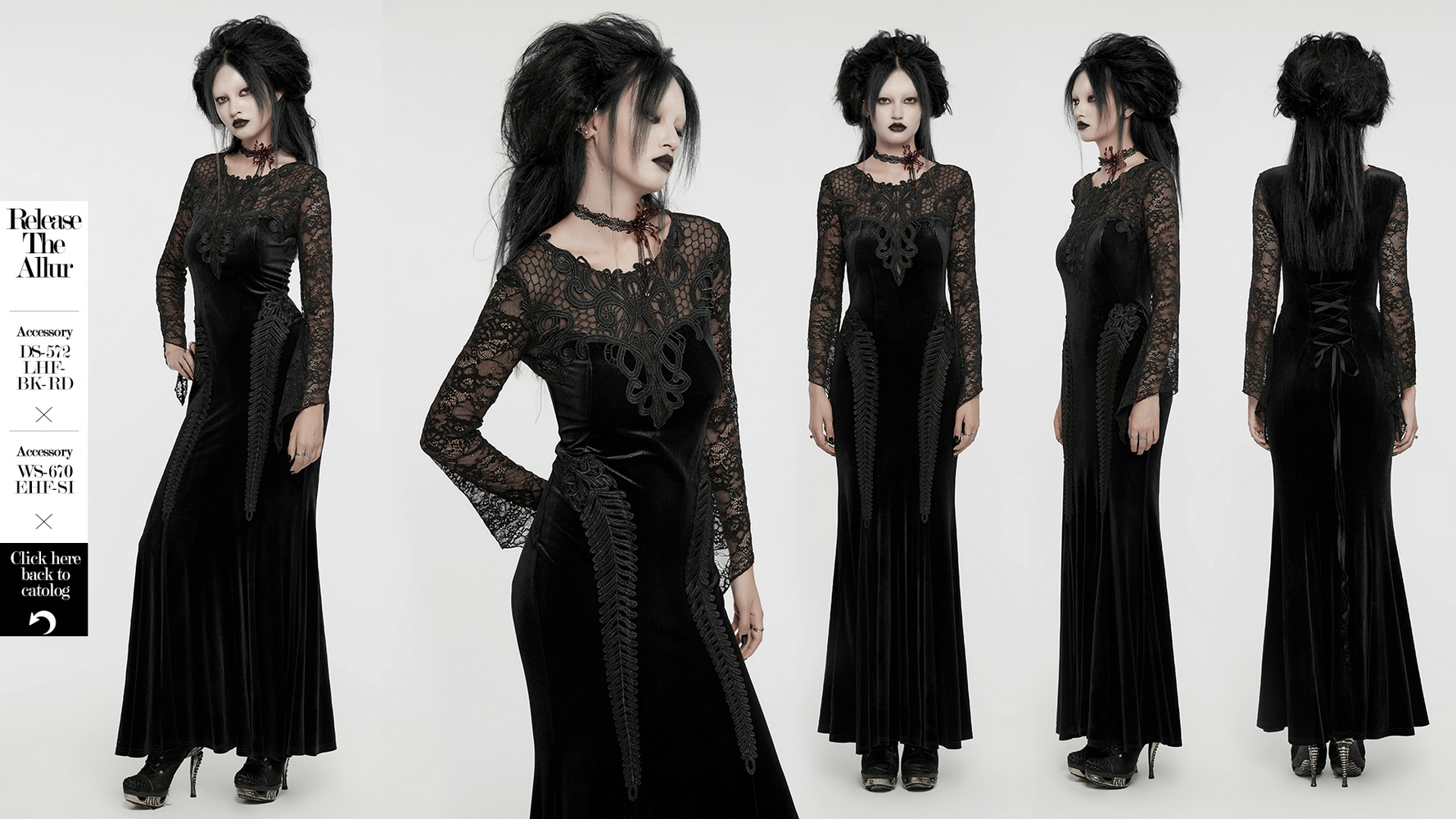 Gothic Damen Maxikleid aus Samt mit Spitzendetail