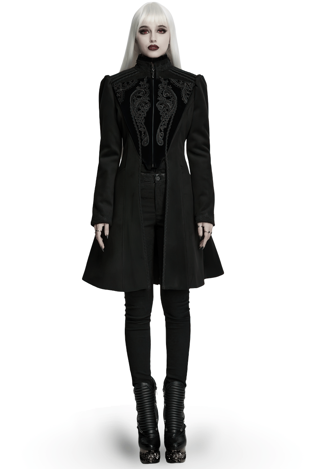 Gothic Wool Applique A-Line Vintage Black Coat