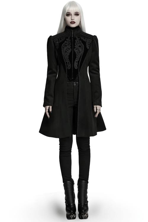 Manteau noir vintage gothique en laine à appliqués, coupe trapèze