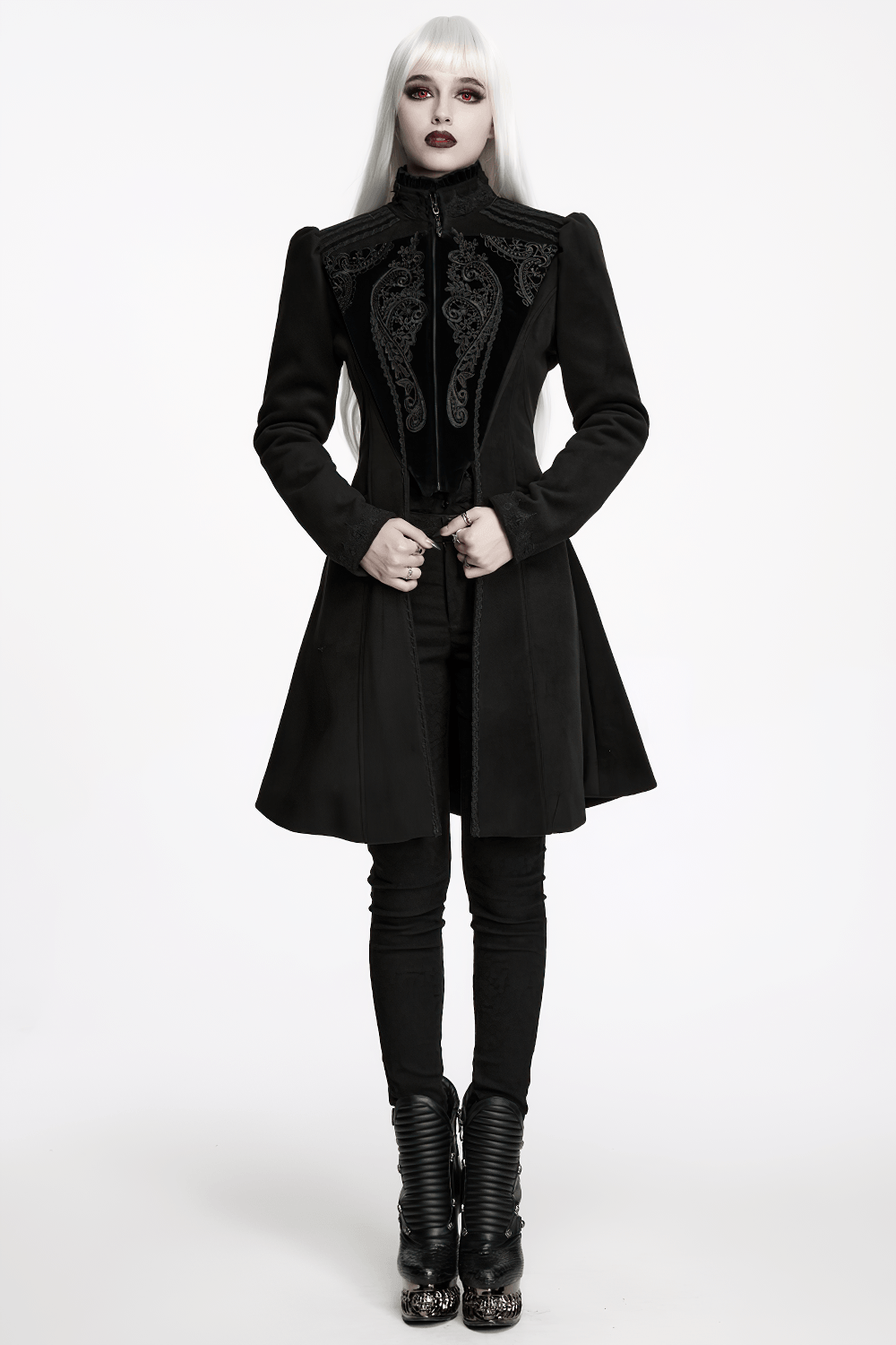 Gothic Wool Applique A-Line Vintage Black Coat