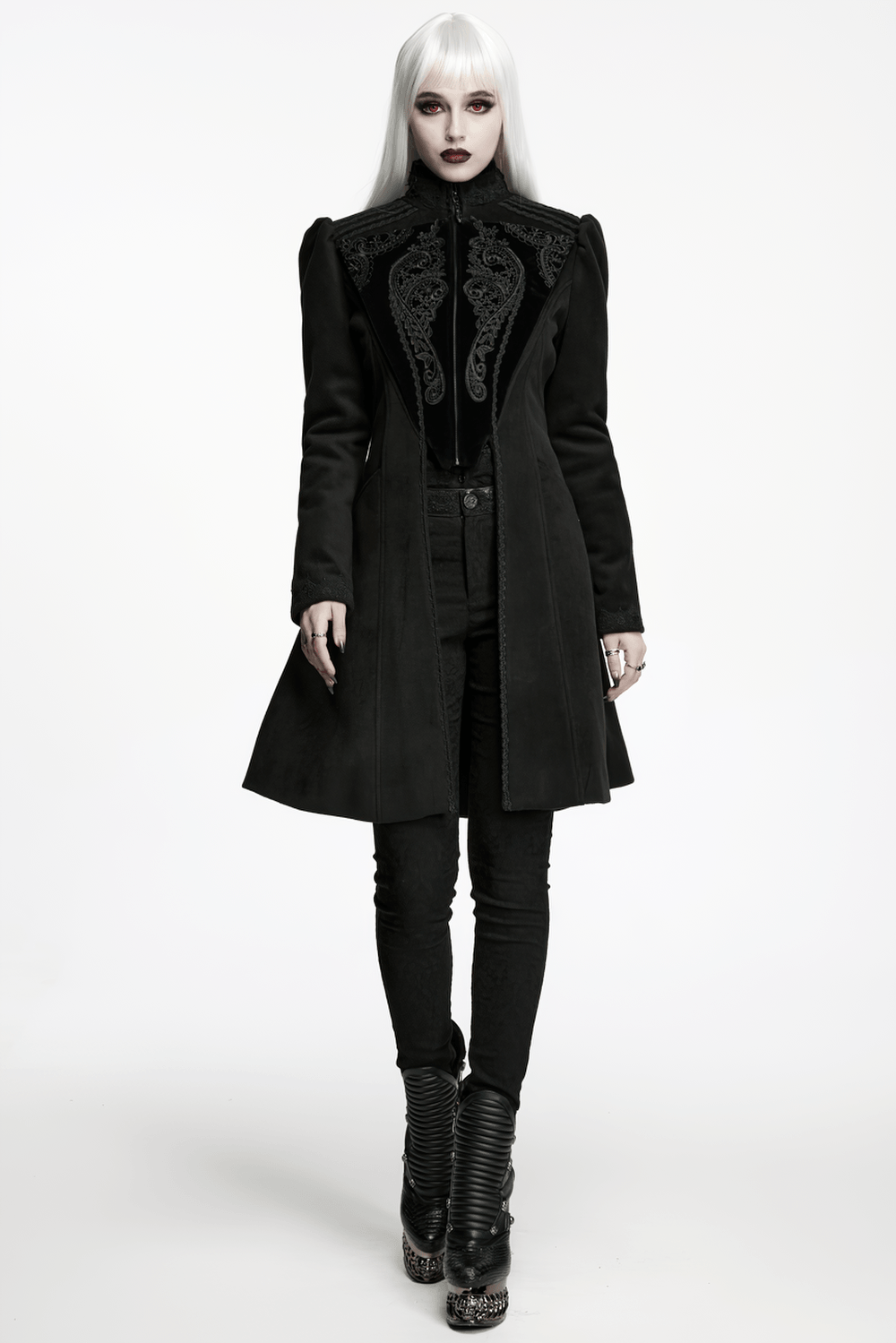 Gothic Wool Applique A-Line Vintage Black Coat