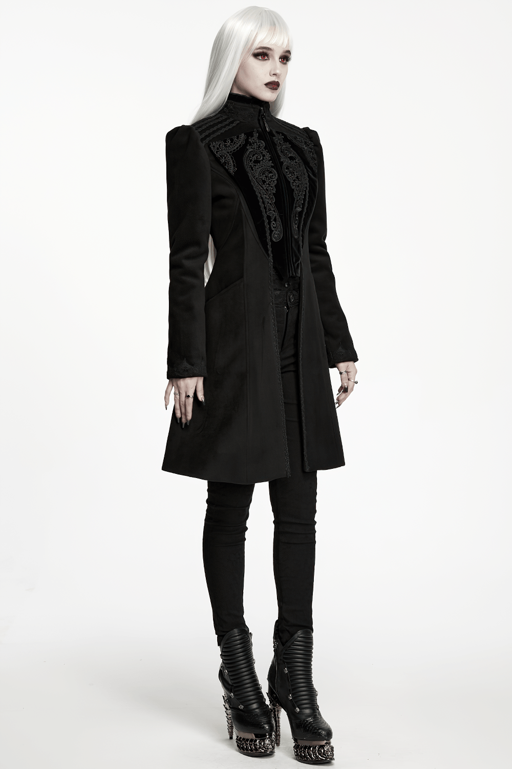 Gothic Wool Applique A-Line Vintage Black Coat