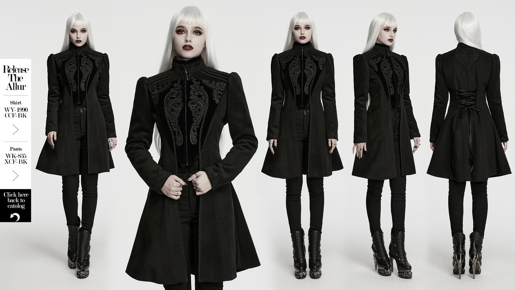 Gothic Wool Applique A-Line Vintage Black Coat
