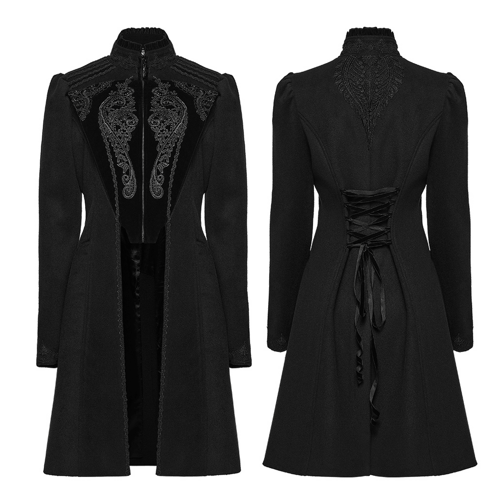 Gothic Wool Applique A-Line Vintage Black Coat