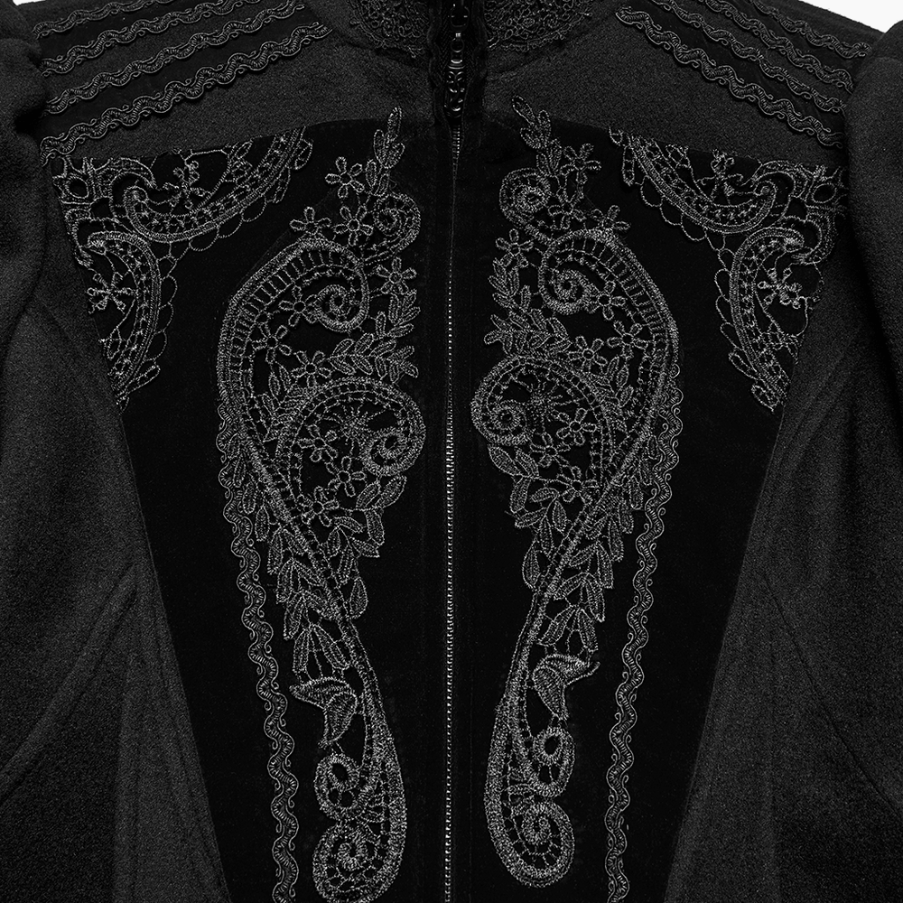 Gothic Wool Applique A-Line Vintage Black Coat