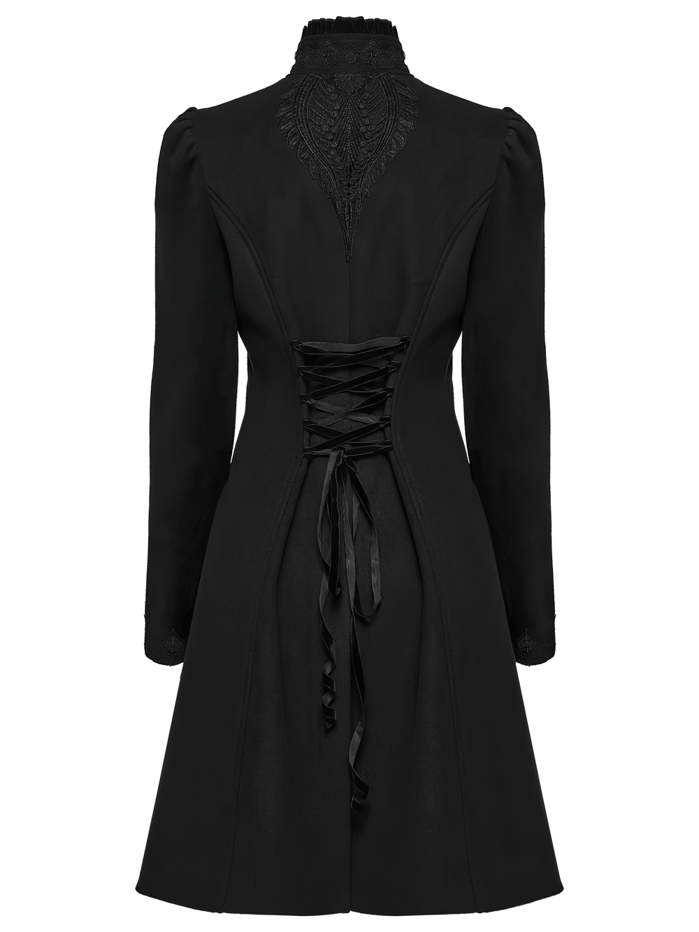 Gothic Wool Applique A-Line Vintage Black Coat