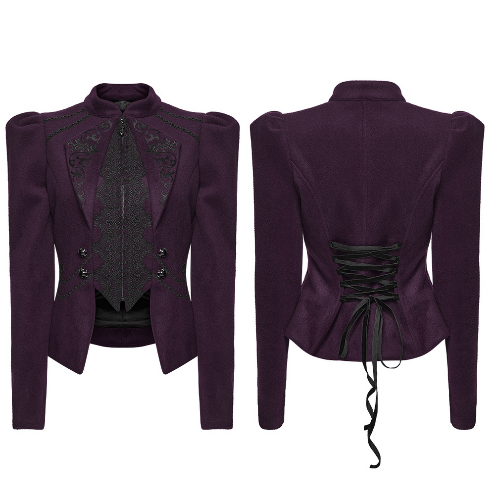 Gothic Woolen Jacket with Embroidery and Lace Back showcasing elegant design and adjustable lace-up back.