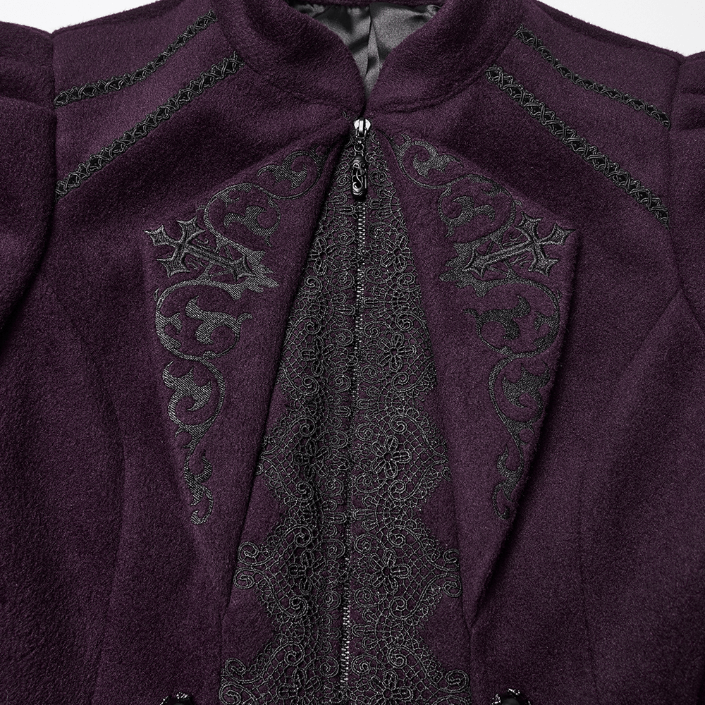 Gothic Woolen Jacket with Embroidery and Lace Back showcasing intricate detailing and stylish design.