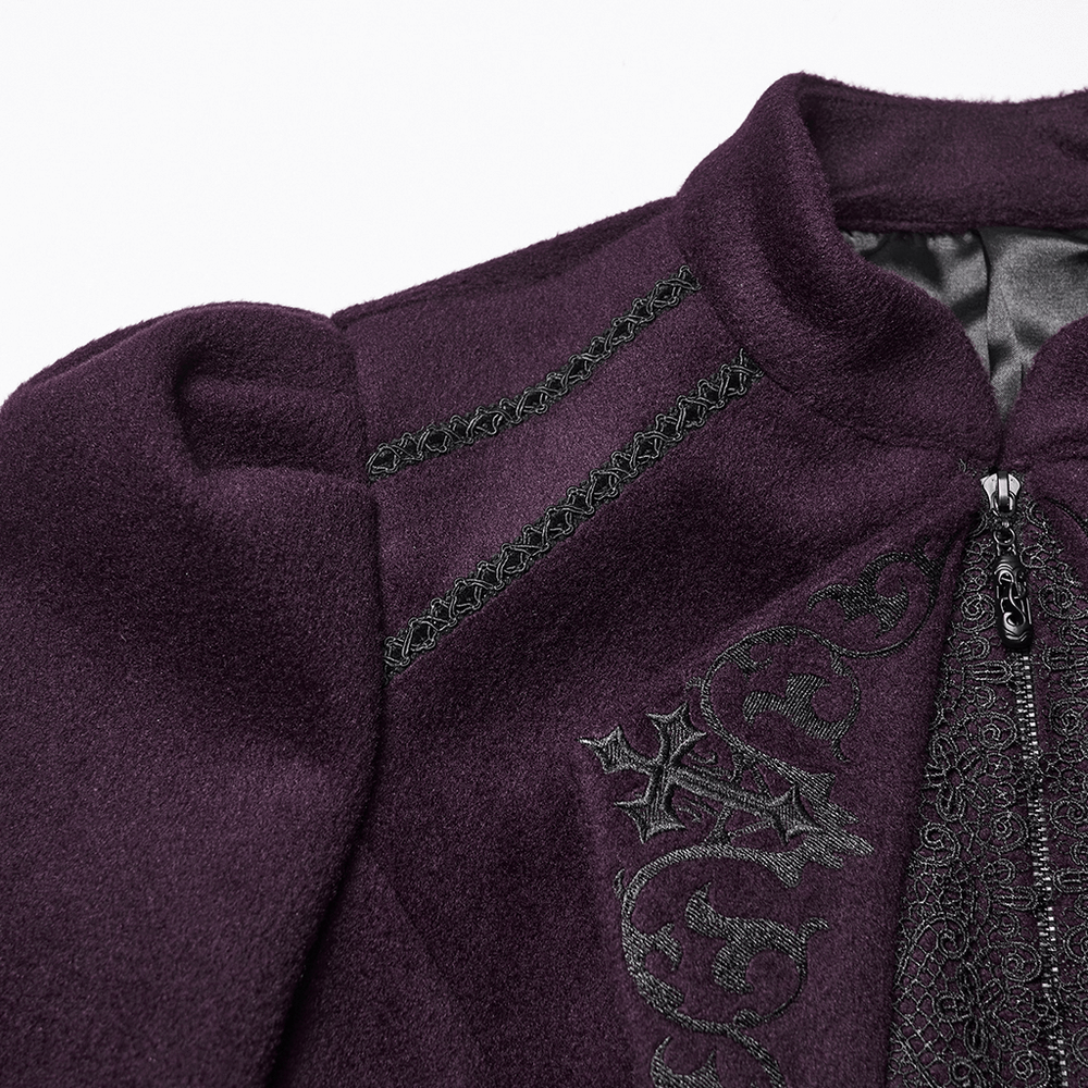 Gothic Woolen Jacket with Embroidery and Lace Back showing intricate embroidery details and elegant collar design.