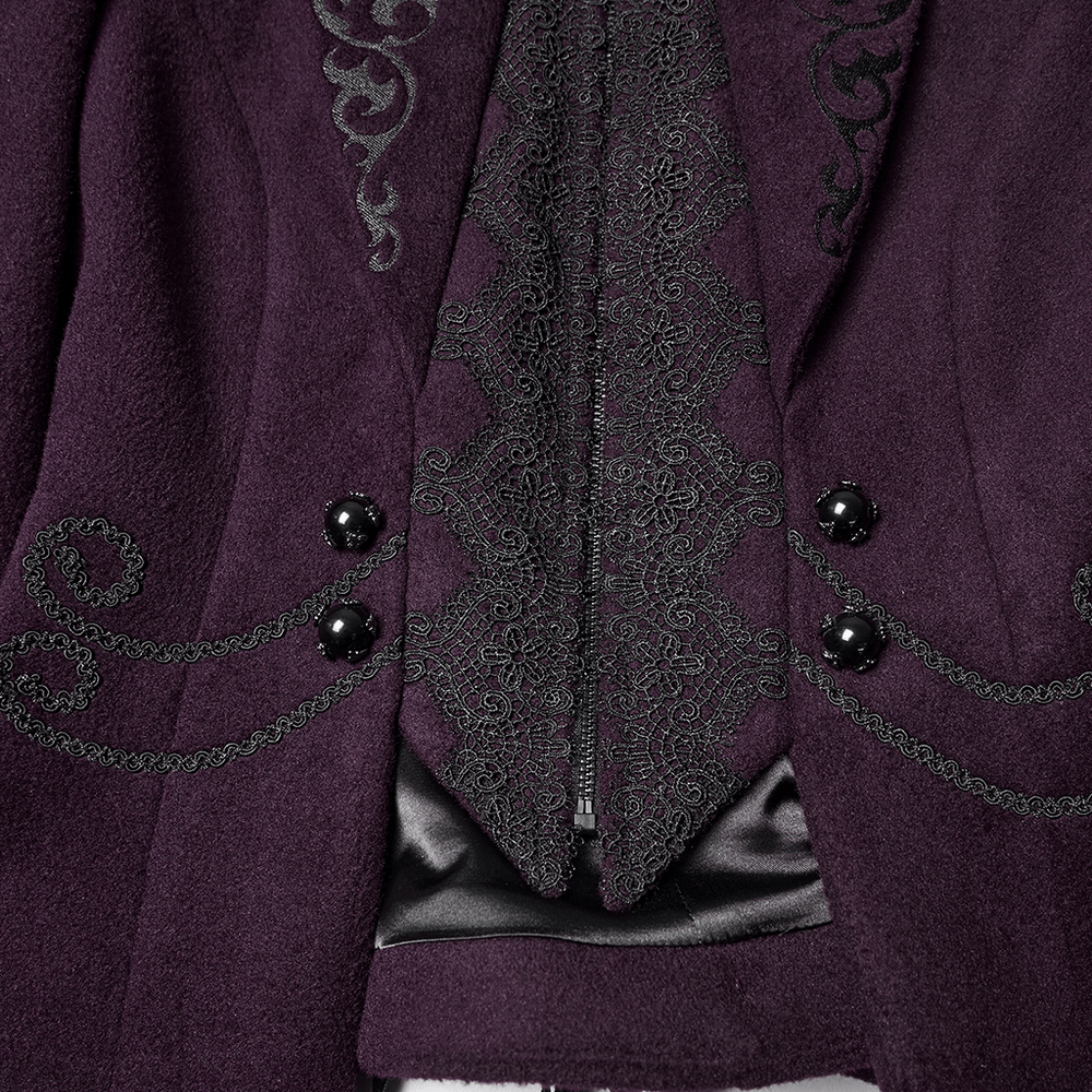 Gothic Woolen Jacket with Embroidery and Lace Back showcasing intricate lace and embroidery details.