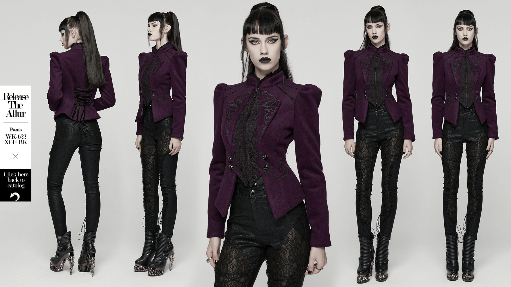 Gothic Woolen Jacket with Embroidery and Lace Back displayed in a stylish gothic fashion outfit with unique detailing.