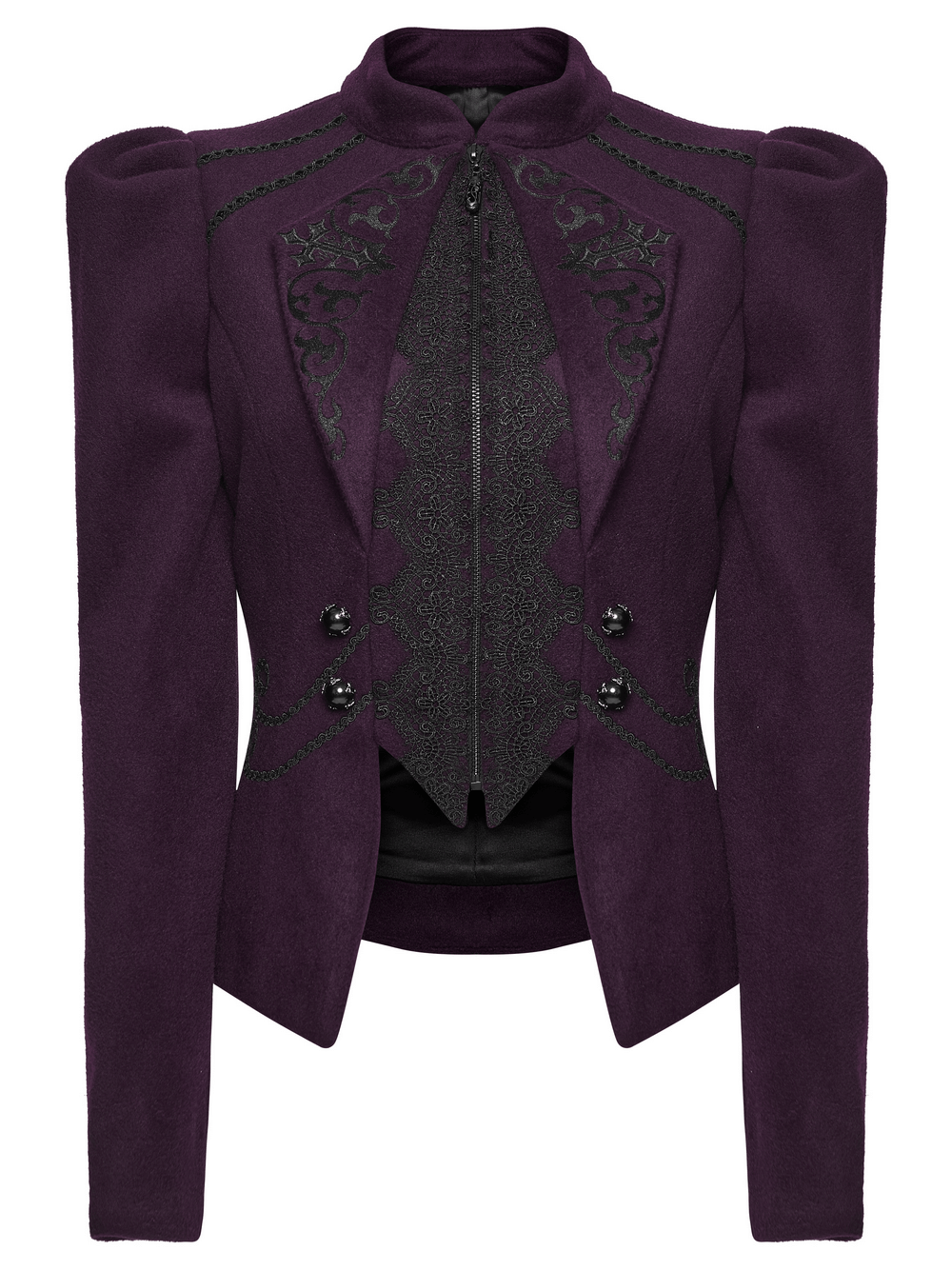 Gothic Woolen Jacket with Embroidery and Lace Back featuring elegant embroidery and tailored fit.