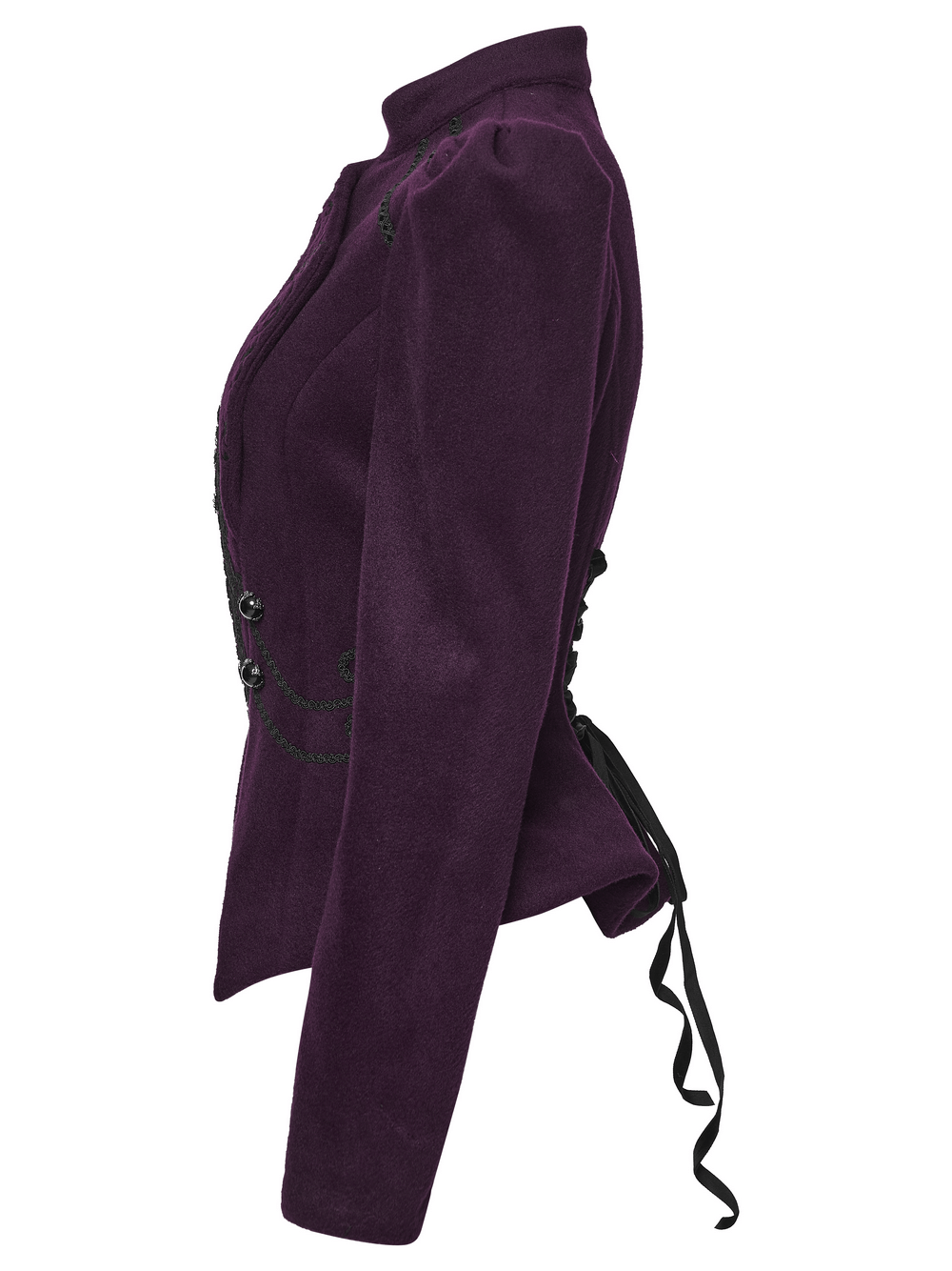 Gothic Woolen Jacket with Embroidery and Lace Back showcasing elegant side view and adjustable lace-up detail.