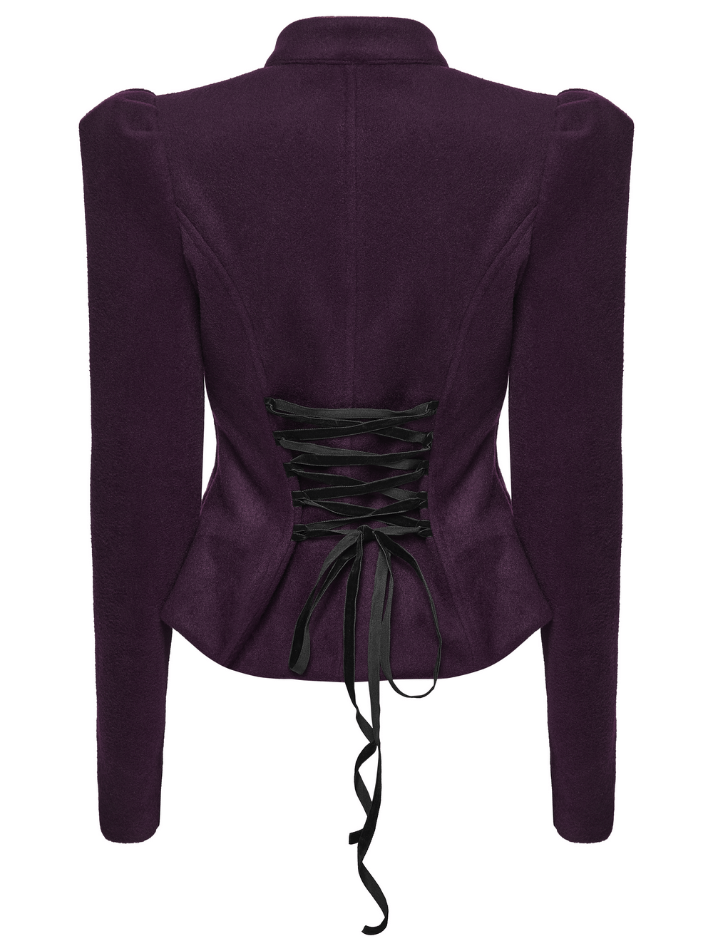 Gothic Woolen Jacket with Embroidery and Lace Back showcasing elegant lace-up detail on the back.