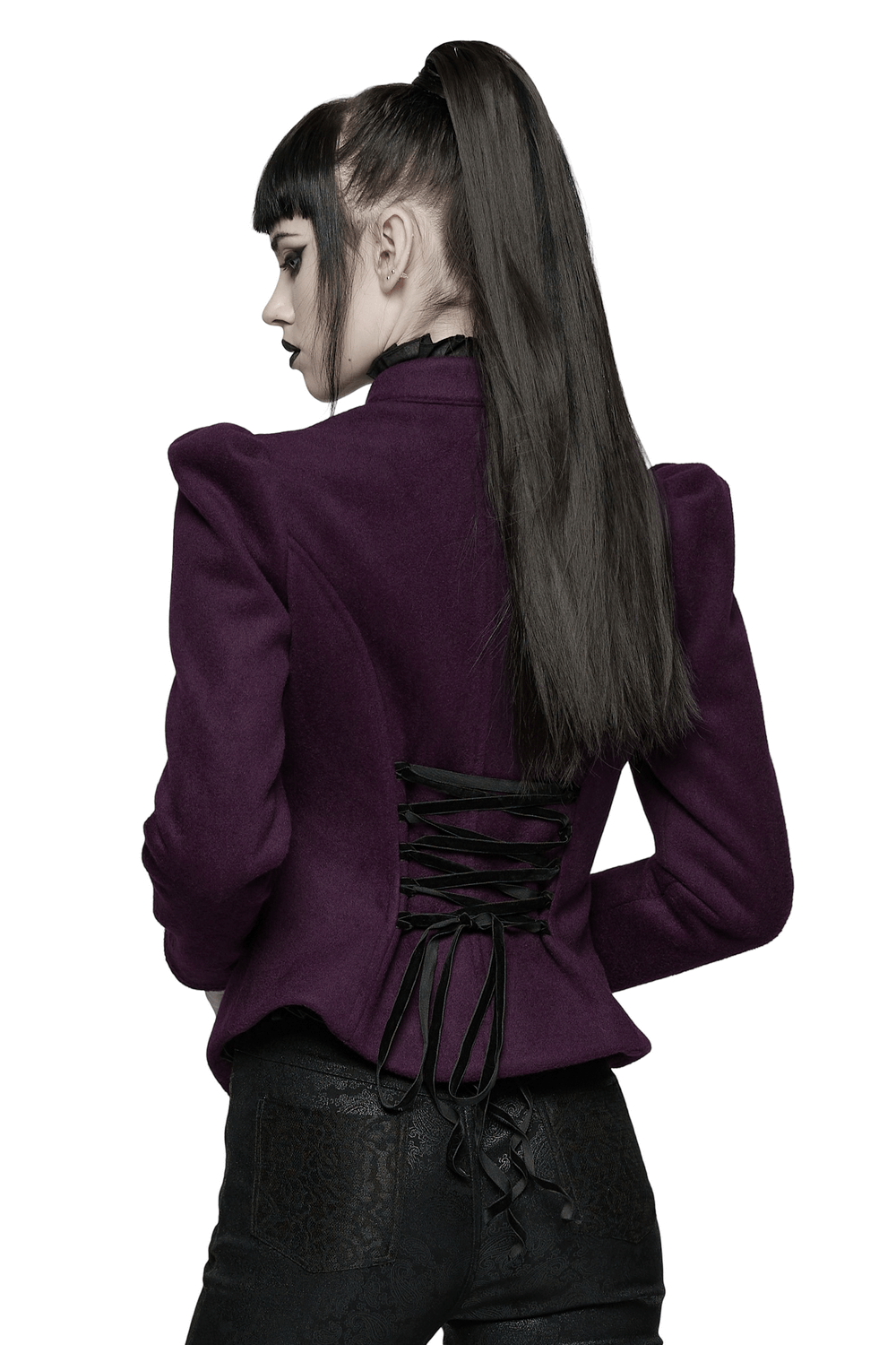 Gothic Woolen Jacket with Embroidery and Lace Back showcasing elegant lace-up detail.