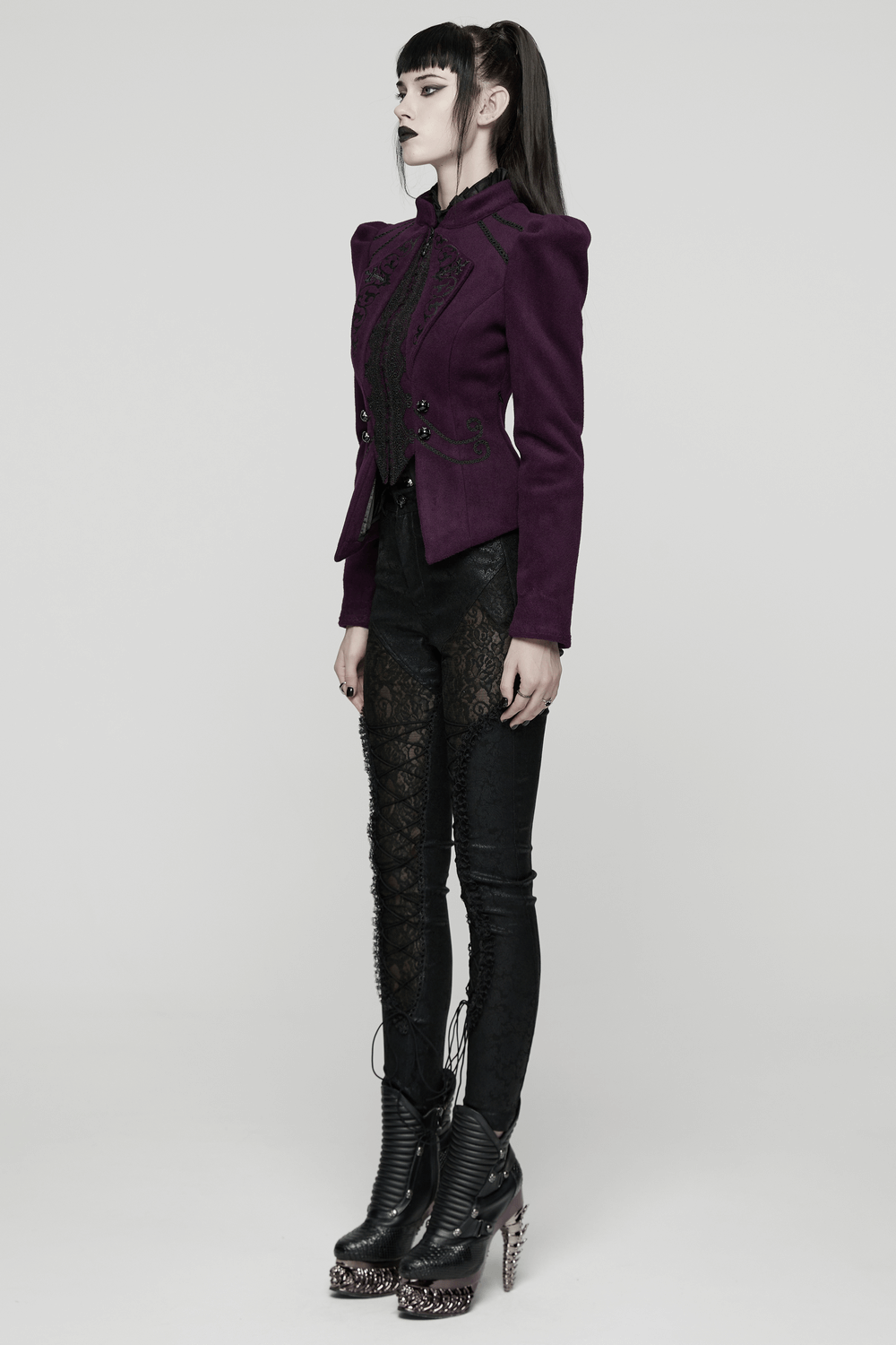 Gothic Woolen Jacket with Embroidery and Lace Back worn by model, showcasing elegant design and gothic style.