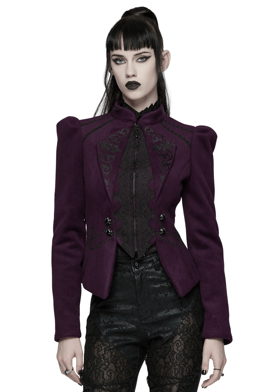 Gothic Woolen Jacket with Embroidery and Lace Back showcasing elegant design and intricate details.