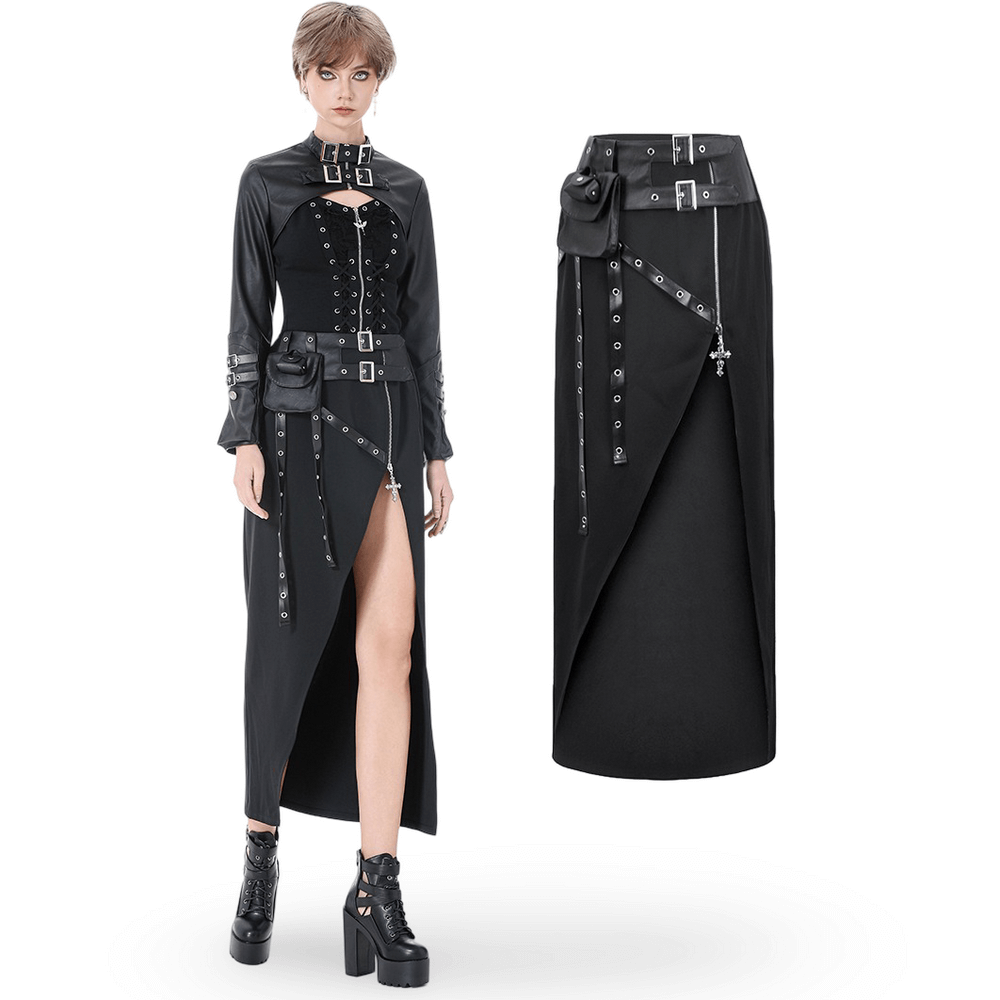 Gothic Wrap Maxi Skirt with Belts and Cross Charm worn by model, showcasing bold design and edgy details.