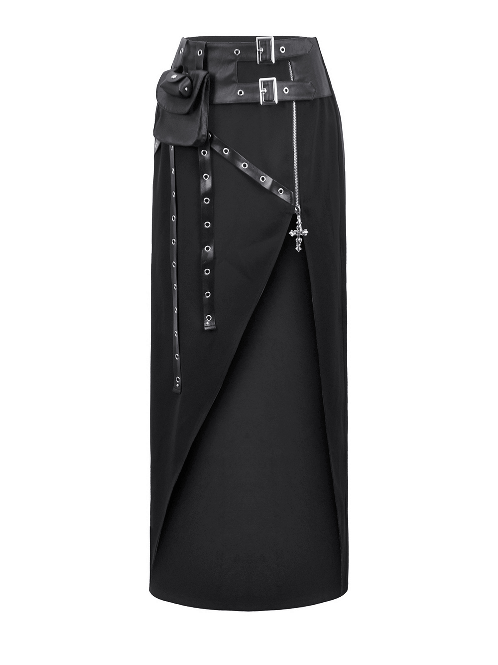 Gothic Wrap Maxi Skirt with Belts and Cross Charm featuring zipper and utility pocket details.