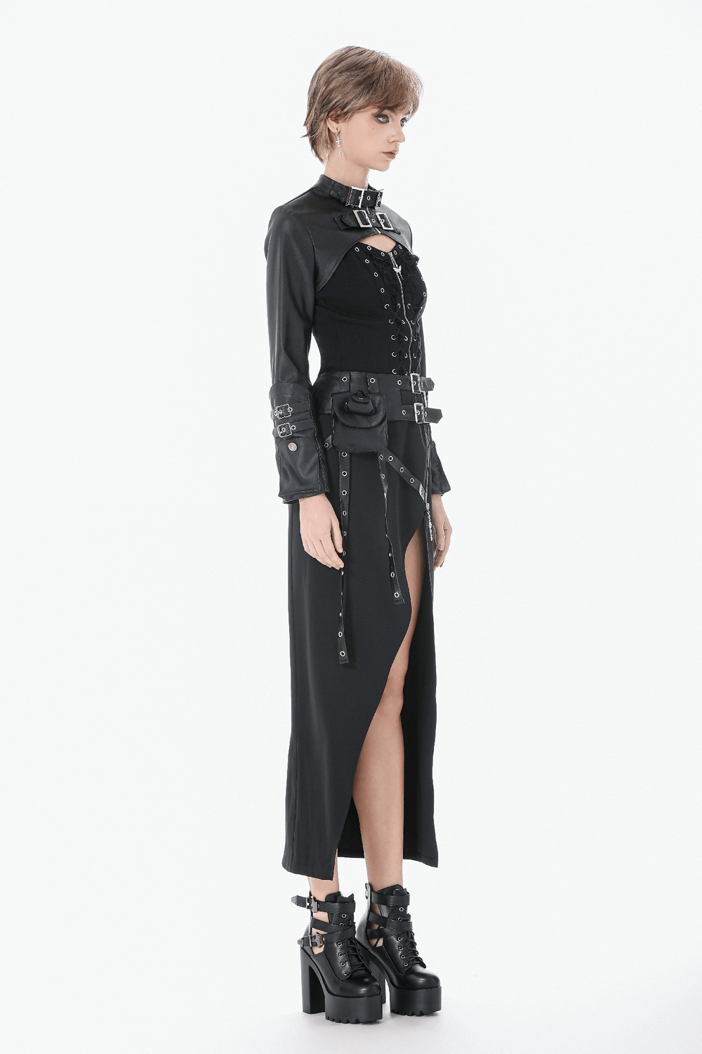 Gothic Wrap Maxi Skirt with Belts and Cross Charm worn by a model, showcasing edgy design and a dramatic side split.