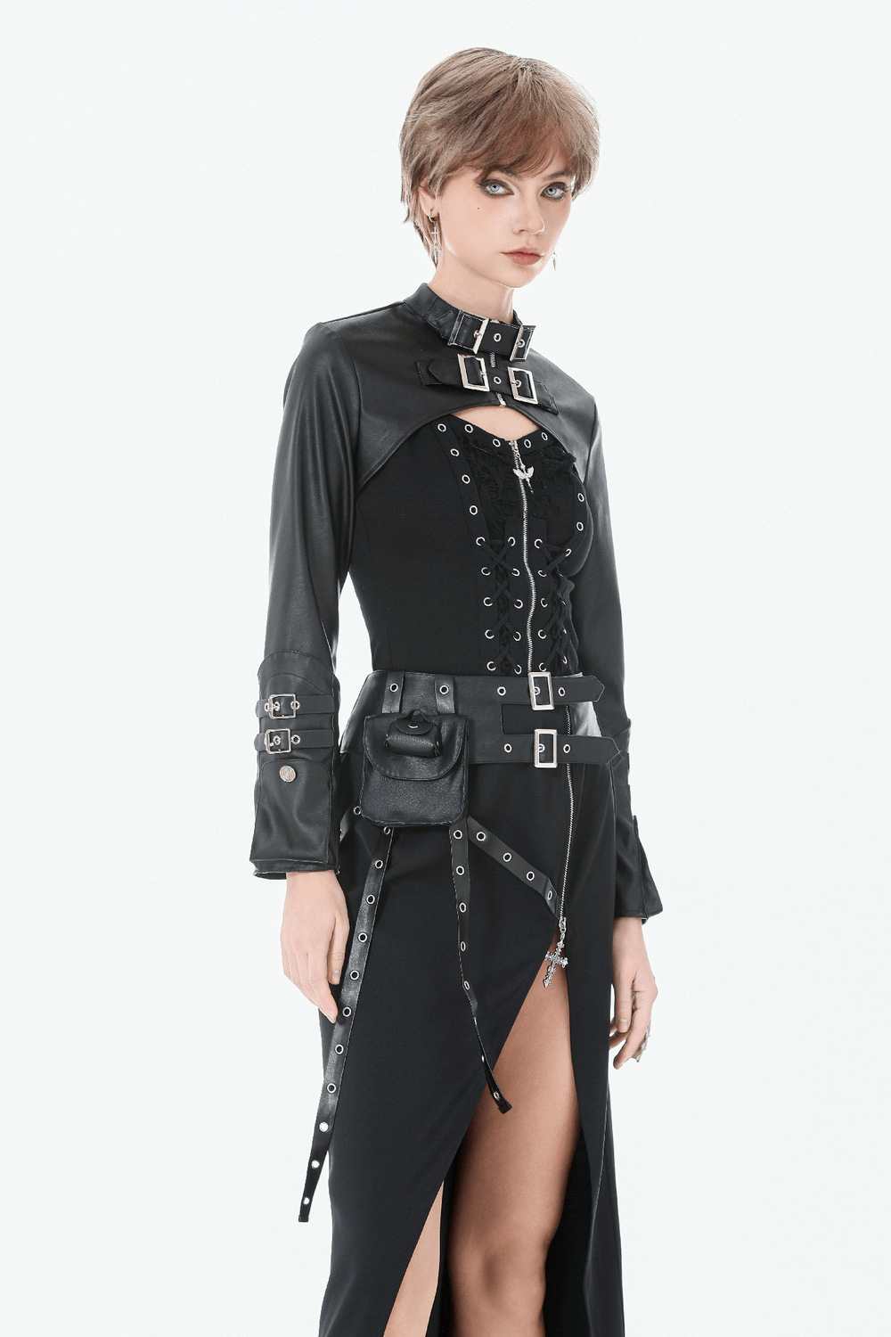 Gothic Wrap Maxi Skirt with Belts and Cross Charm worn by model, showcasing edgy details and a daring silhouette.