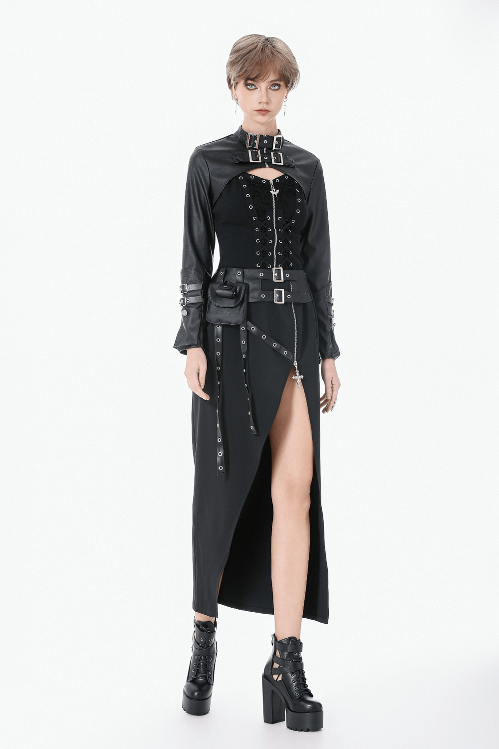 Gothic Wrap Maxi Skirt with Belts and Cross Charm shown on a model, featuring edgy details and a daring side slit.