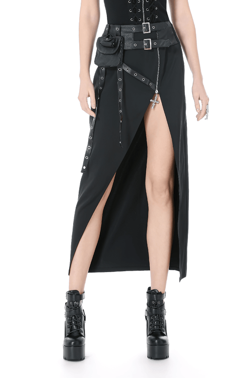 Gothic Wrap Maxi Skirt with Belts and Cross Charm