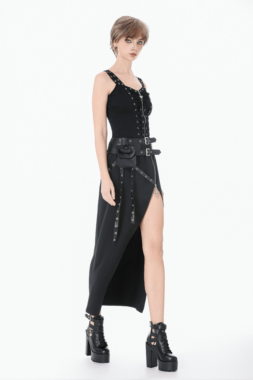 Gothic Wrap Maxi Skirt with Belts and Cross Charm worn with edgy boots and a stylish top.
