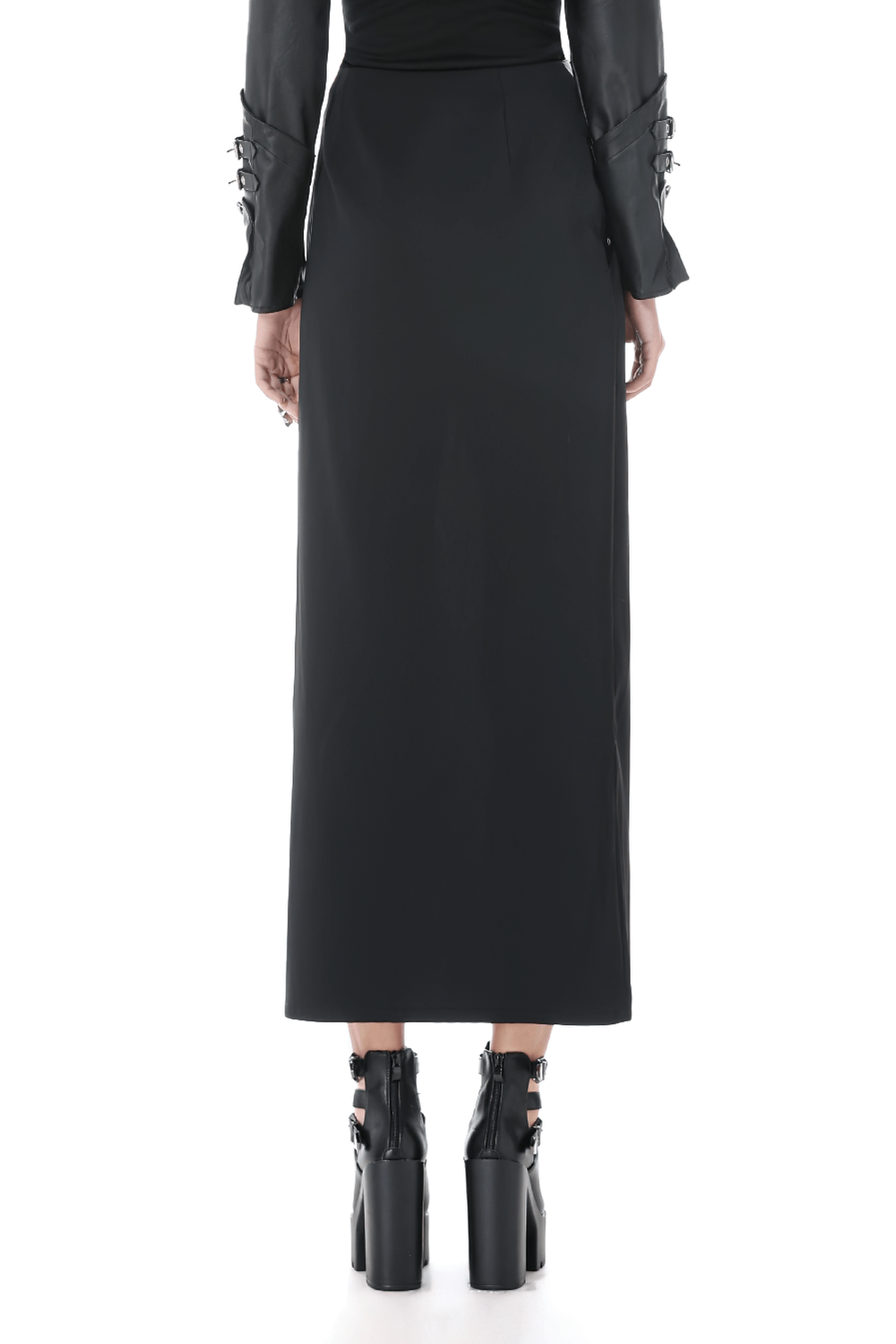 Gothic Wrap Maxi Skirt with Belts and Cross Charm back view showcasing sleek design and edgy style.