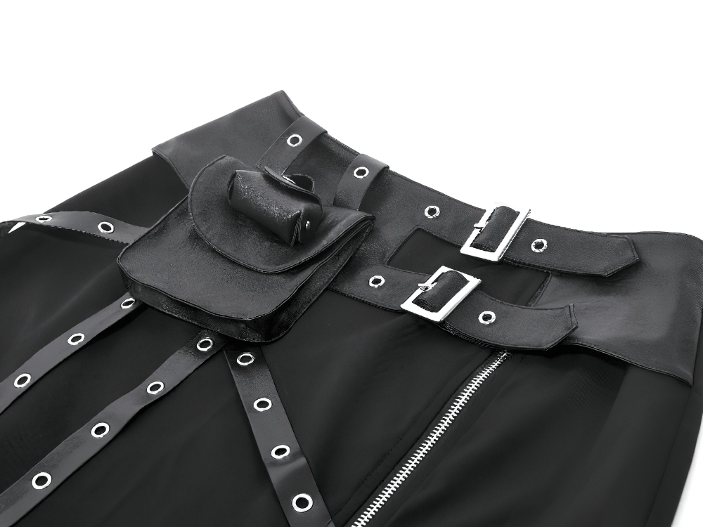 Gothic Wrap Maxi Skirt with Belts and Cross Charm featuring bold belt straps and utility pocket.