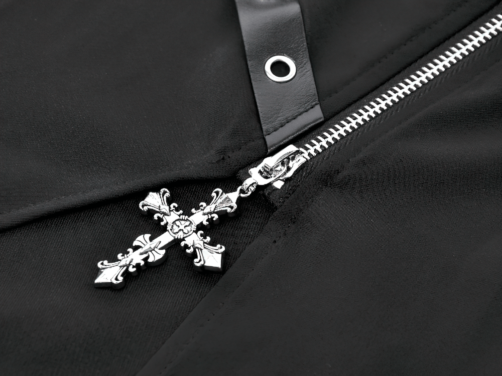 Close-up of the Gothic Wrap Maxi Skirt with Belts and Cross Charm, showcasing the zipper and cross charm detail.